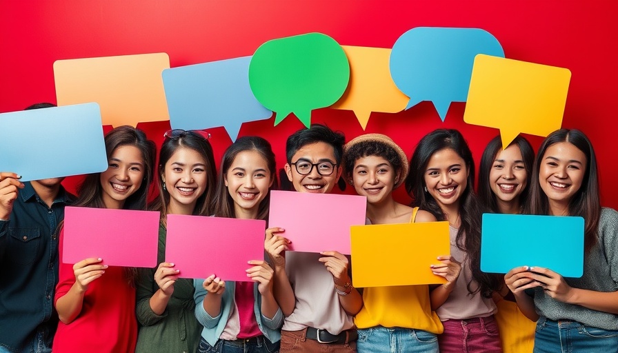 Young people with colorful speech bubbles on a red background, how to read and understand surveys.