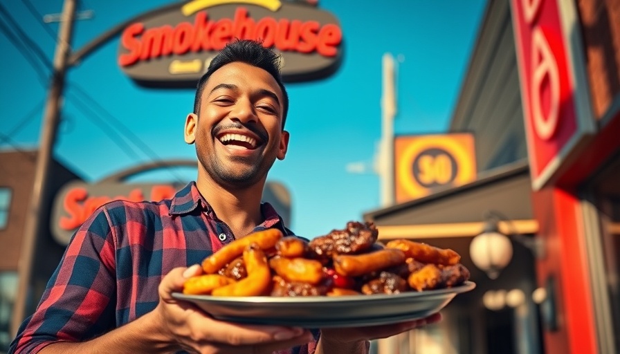 BBQ enthusiast with classic dish in front of smokehouse sign.
