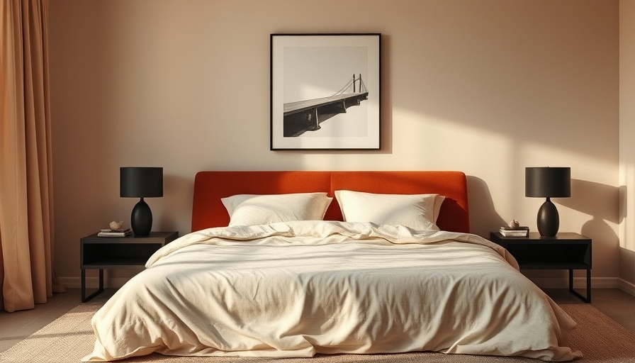 Minimalist bedroom with terracotta linen bed covers and black nightstands.
