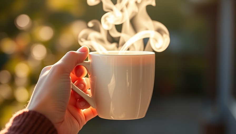 Hand holding steaming coffee mug in morning light, showcasing how morning coffee improves mood.