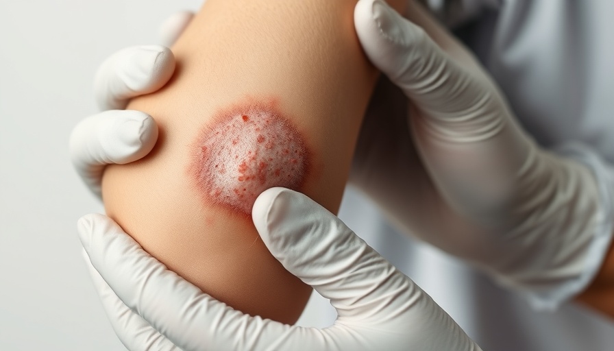 Psoriasis patch on child's elbow examined by gloved hands.