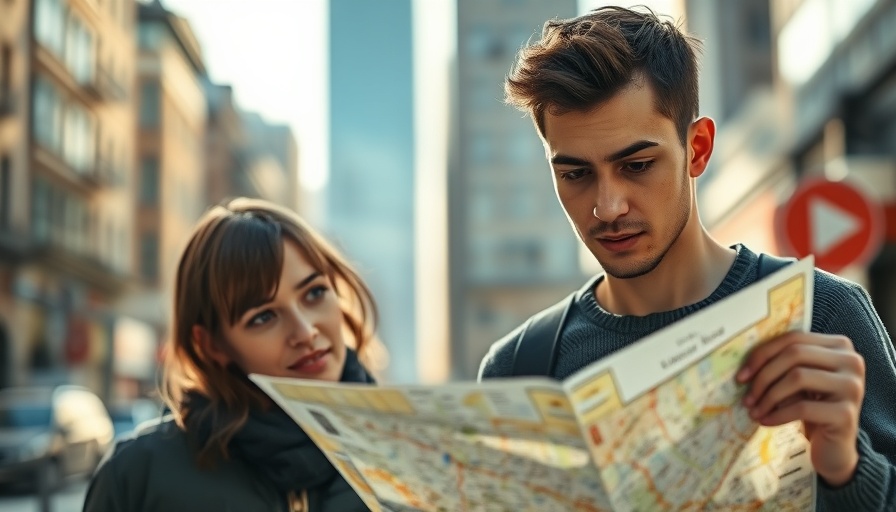 Couple contemplating map in city setting, exploring Local SEO vs. International SEO.