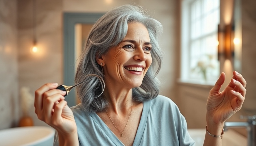 Gray-haired woman demonstrating hair care routine for women over 40.