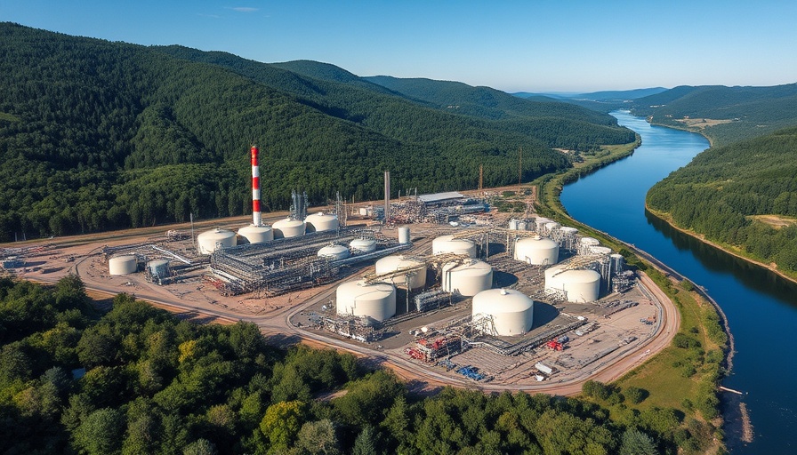 Aerial view of chemical plant expansion in Tuscaloosa with lush greenery and river.