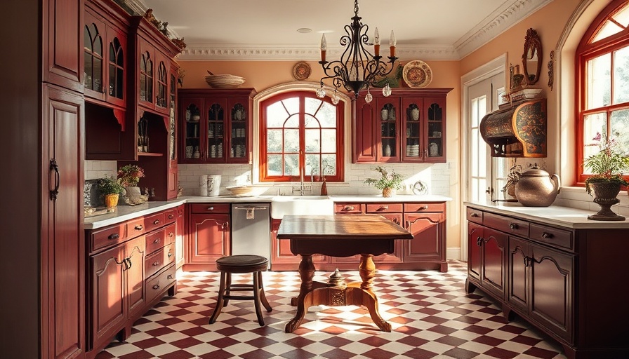 Elegant Victorian-inspired kitchen extension with maroon cabinets and vintage decor