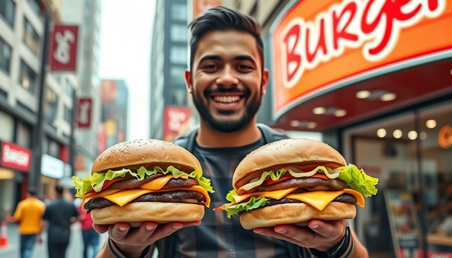 Man with burgers exploring best burger bars near me, urban backdrop.