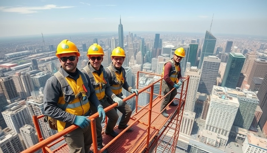 High-angle view of workers on tall scaffolding with city backdrop.