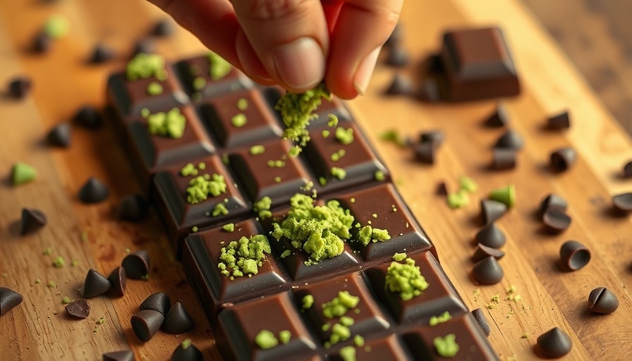 Hand sprinkling green toppings on chocolate bars showcasing health benefits of cocoa flavanols.