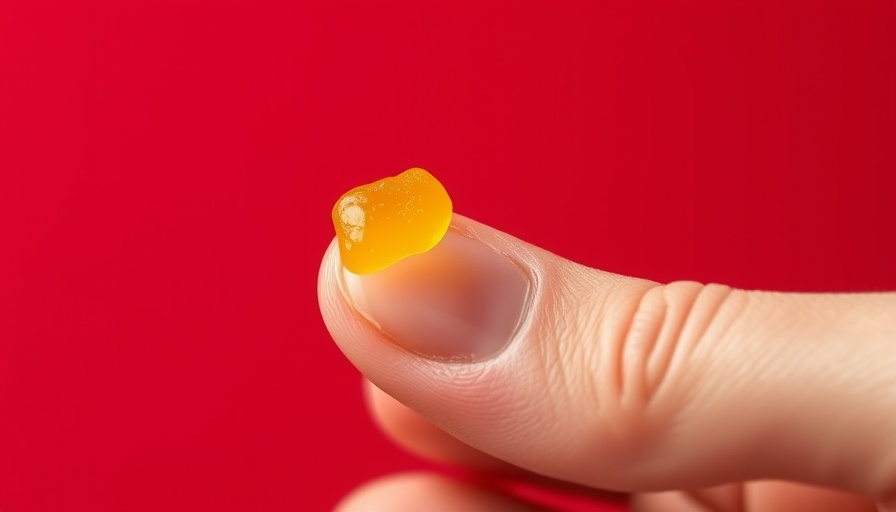 Hand holding yellow gummy on red background, creatine gummies effectiveness.