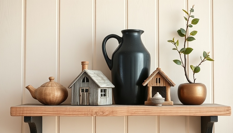 Rustic home shelf decor with vases and branch, serene setting.
