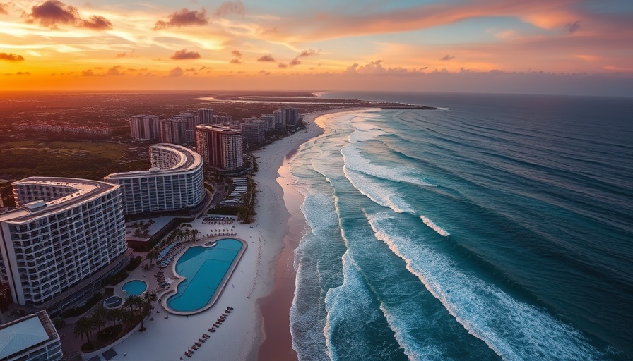 Aerial view of Cancun's adults-only all-inclusive resorts at sunset.