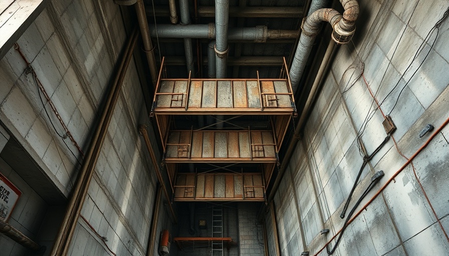 Precarious scaffolding setup in construction site highlighting safety concerns.