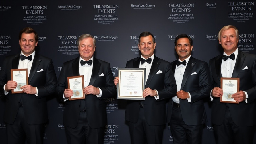 Men in tuxedos holding awards at formal event, over 50s lifestyle communities.