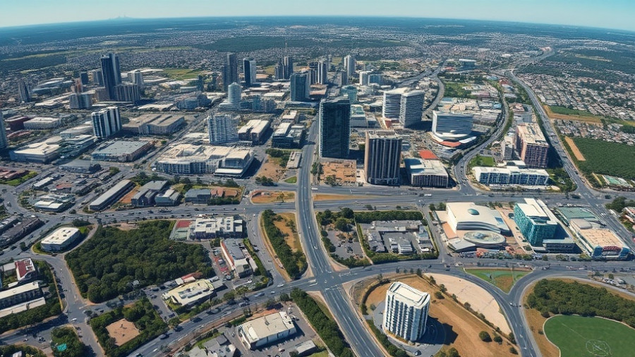 Aerial view of Perth's urban development including shopping centers and highways.