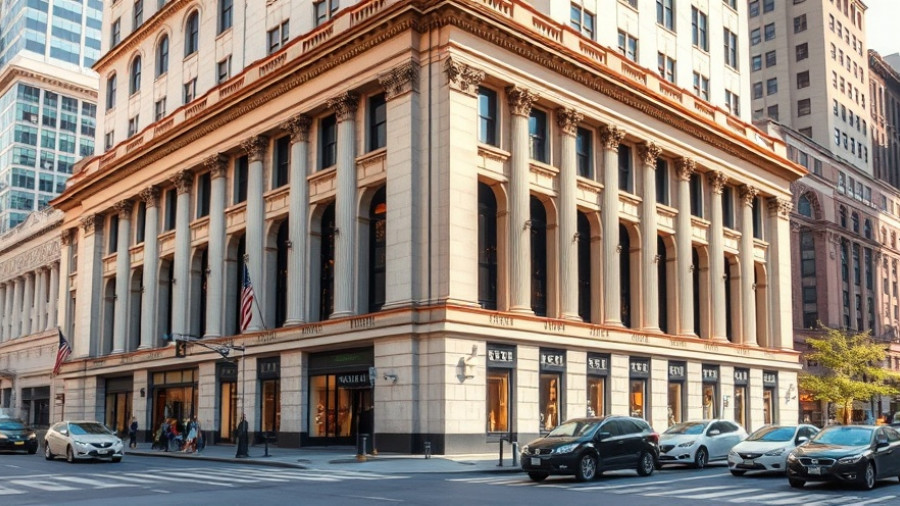 Historic commercial building with classic architecture, bright day.