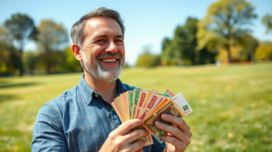 Middle-aged man holding currency notes smiling, money and happiness research.