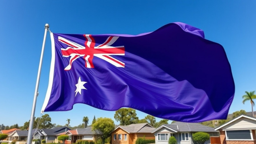 Australian flag over suburb, symbolizing property market trends.