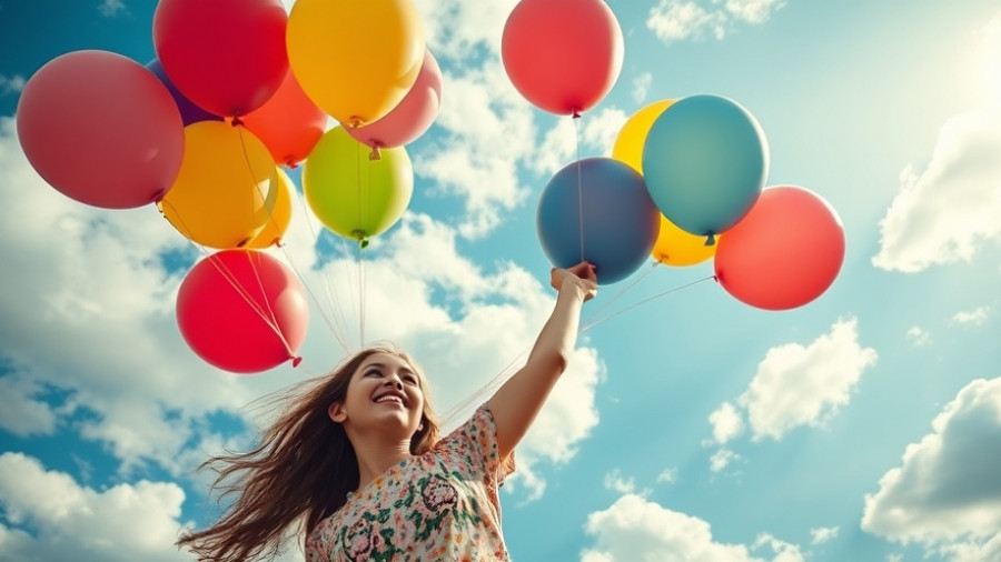 Joyful woman with balloons reaching skyward, inspiration under blue sky.