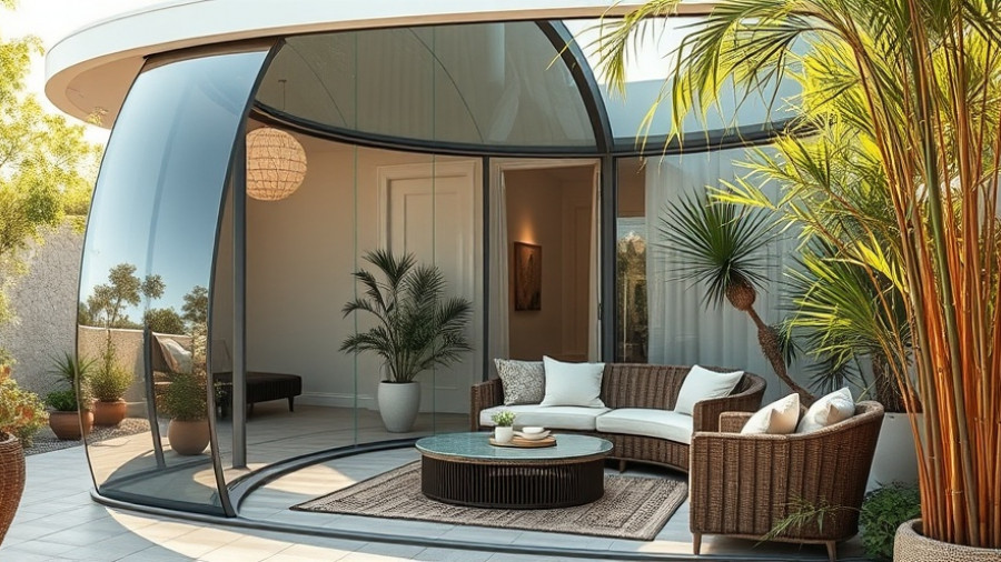 Curved glass patio of a Toorak masterpiece with seating area