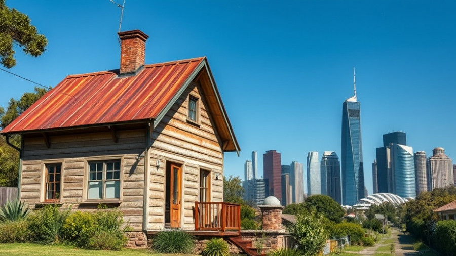 Small rustic house with Sydney skyline, showcasing million-dollar property markets in Australia.