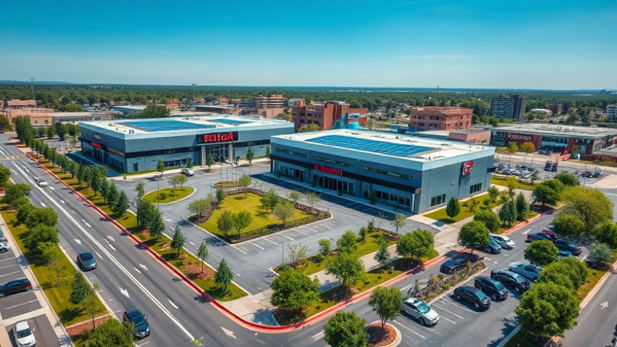 Aerial view of commercial property in Mt Pleasant showing solar panels.