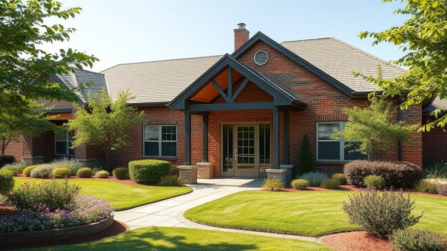 Modern UK brick care home investment with garden path.