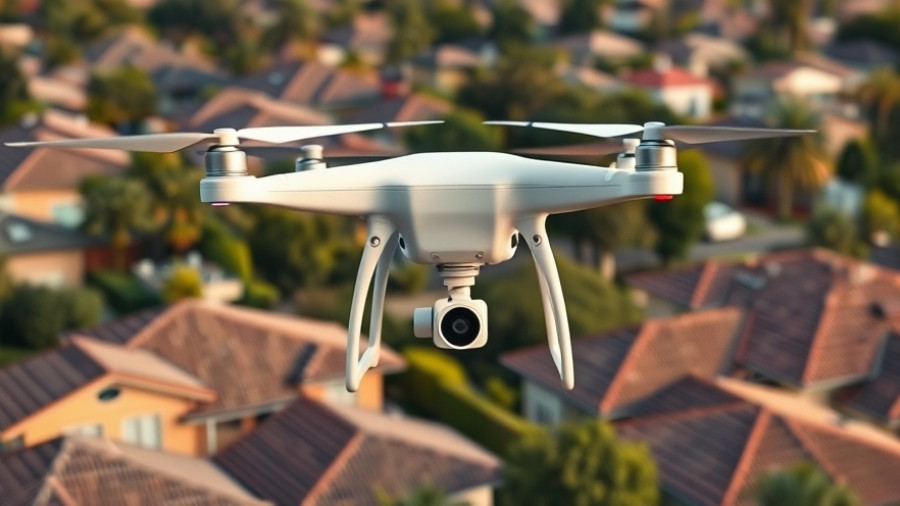 Drone hovering over Australian houses, linked to property prices.