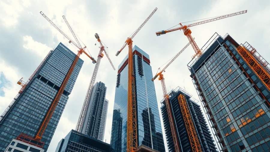 Urban skyscraper construction with cranes highlighting Build to Rent Australia.