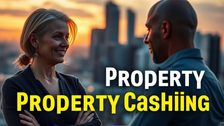 Property investment coaching discussion with city skyline backdrop.