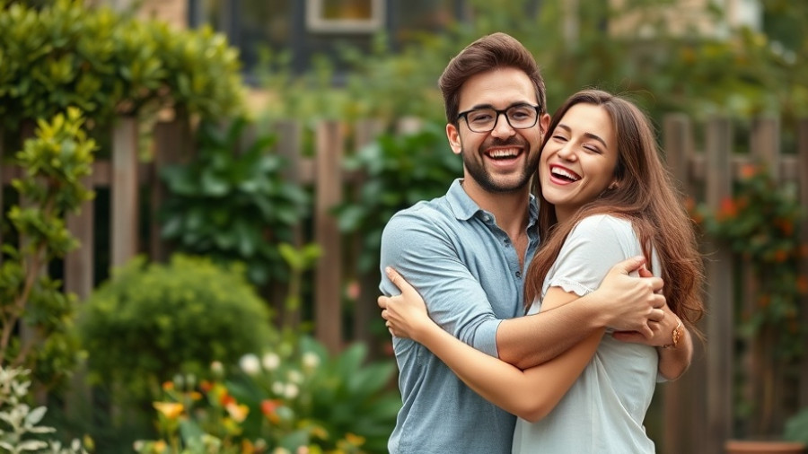 Joyful couple embracing after Sydney family auctions win in garden setting.
