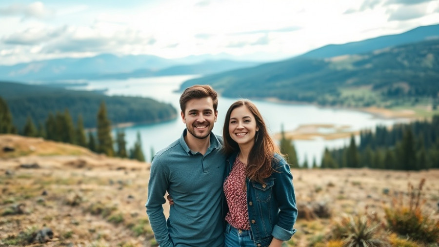 Young couple considering holiday home investment in scenic area.