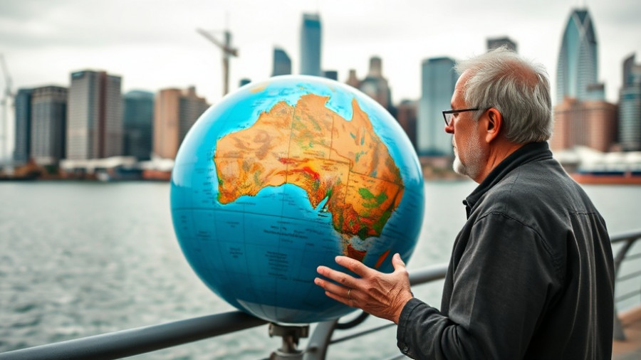 Elderly man looks at globe of Australia near city skyline. Australia real estate market trends.
