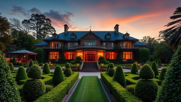Luxurious Sydney mansion at dusk with intricate topiary gardens.
