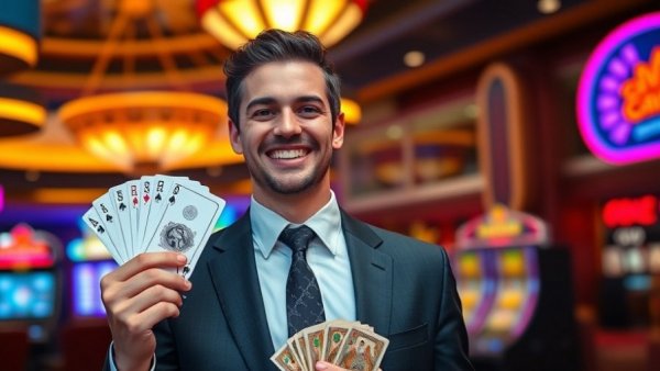 Confident man holding winnings in a lively casino setting.