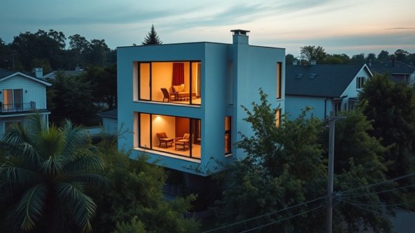 Northcote art gallery house for sale, modern design with large windows, evening view.