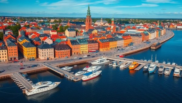 Stockholm cityscape with river and boats, Barings acquisition residential project Stockholm.
