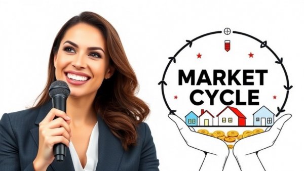 Graphic on the importance of market cycles in investing with professional woman speaking.