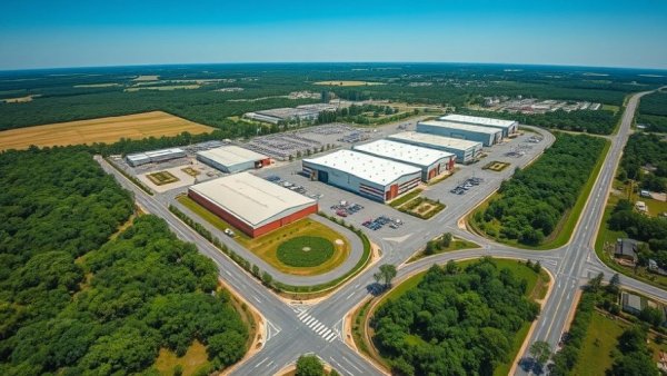 Aerial view of Greater Manchester logistics properties surrounded by greenery and roads.