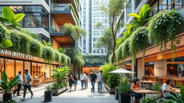 Lush sustainable retail precinct with greenery and modern design.
