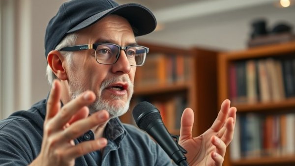 Podcast host discussing when to retire in a cozy setting.