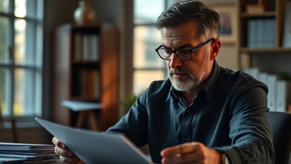 Contemplative man at desk, considering four-day workweek concept.