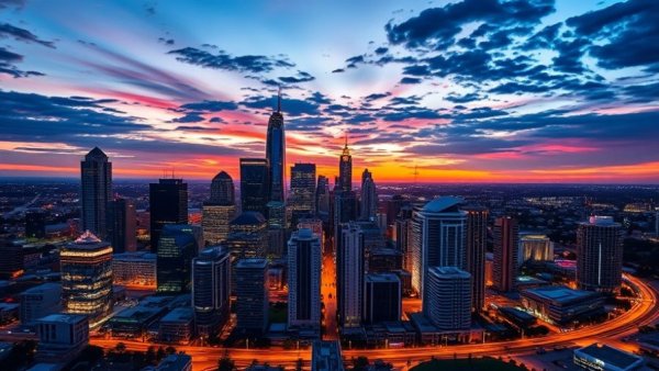 Brisbane luxury market skyline at twilight with city lights.