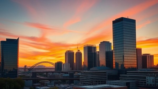Newcastle skyline featuring skyscrapers during sunset.