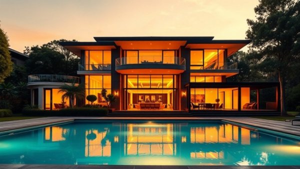 Luxurious Toorak mansion with pool for sale, vibrant sunset view.