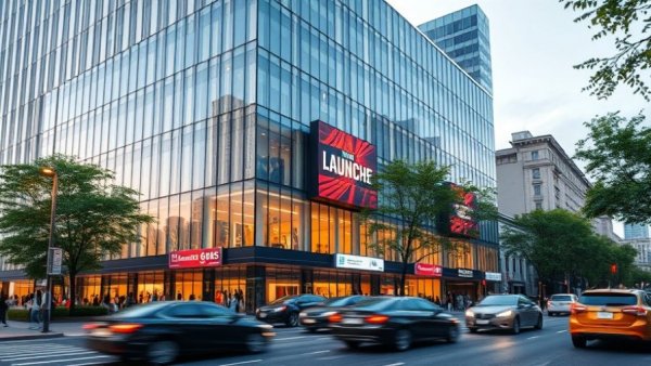 Kokoda Hospitality launch banners on modern building at dusk.