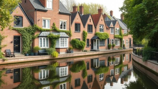 Row of charming houses by a canal in England, showcasing affordable housing.