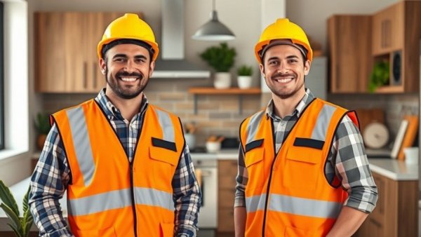 Smiling construction workers in modern kitchen, property market trends.