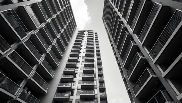 Modern facade of high-rise building, geometric balconies.