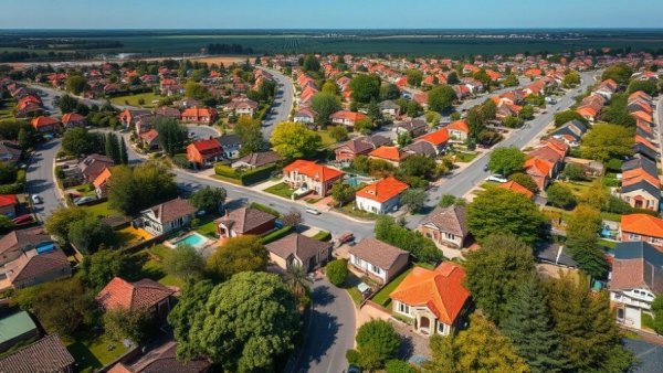 Aerial view of a vibrant residential neighborhood showcasing multiple colorful homes and lush greenery, representing the concept of overcoming investors’ 3-property ceiling.