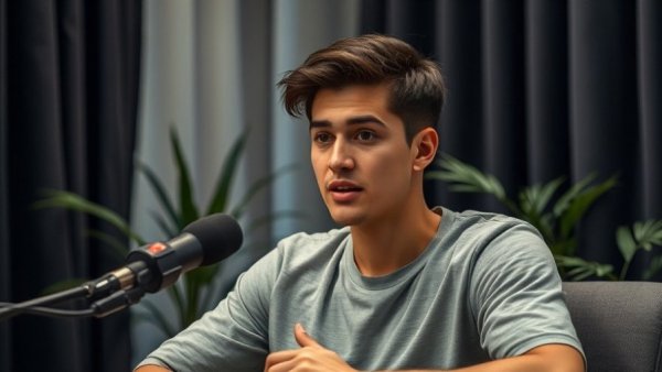 Young man chatting in a studio setting with microphone.